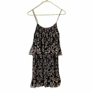 LAUREN CONRAD Accordion Pleated Tiered Bow Print Chiffon Dress XS Black Pink